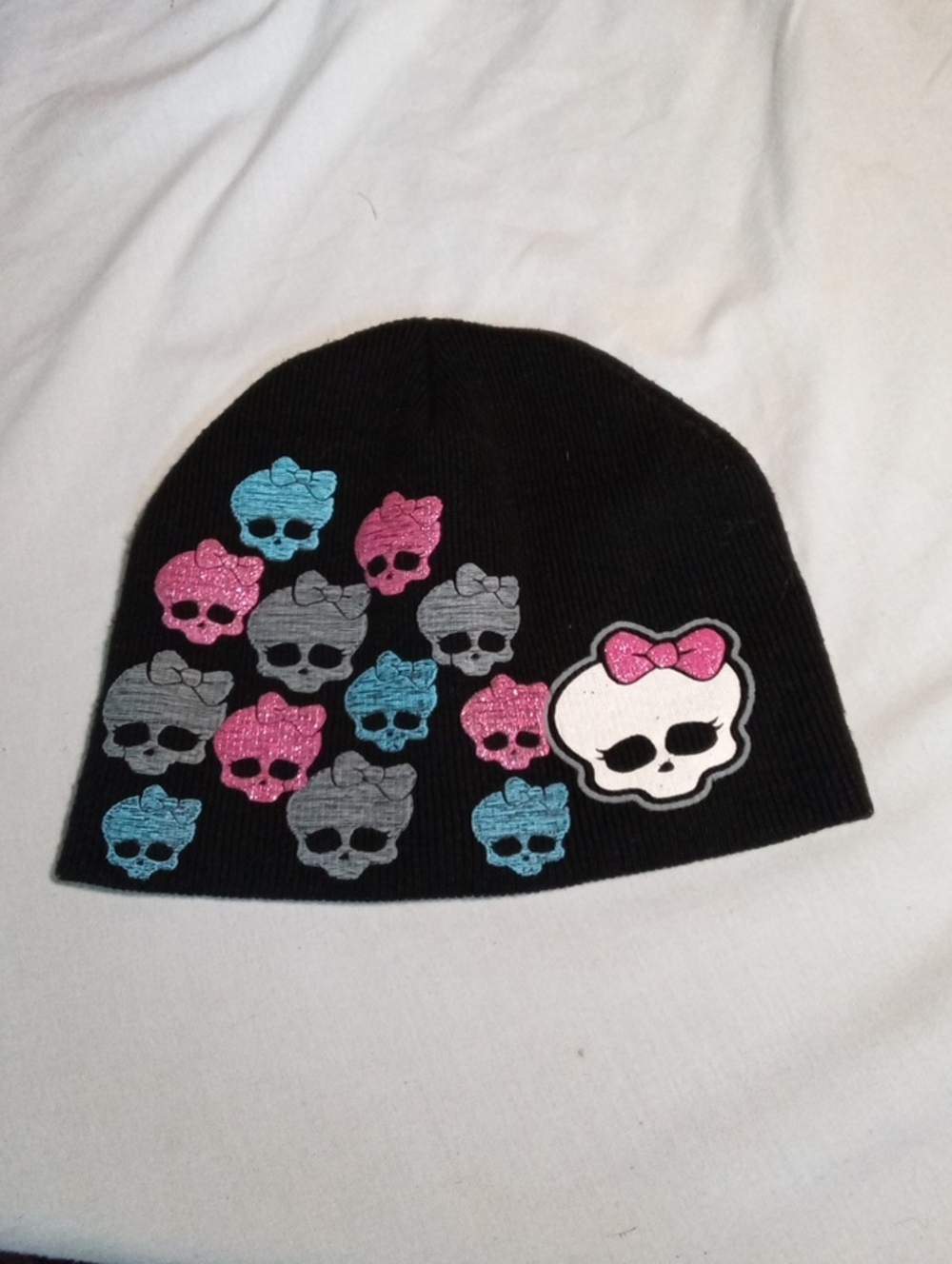 monster high Black Beanie with Pink, Blue & Gray Skull Motifs